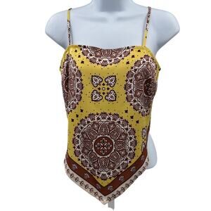 Rachel Zoe Cami Top WMNS XS Yellow Brown Mandala Print Handkerchief Hem Strappy
